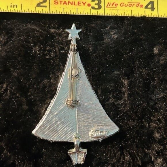 Vintage BJ Silver Tone w/Green Background and Red Rhinestones, Christmas Tree - Picture 5 of 5